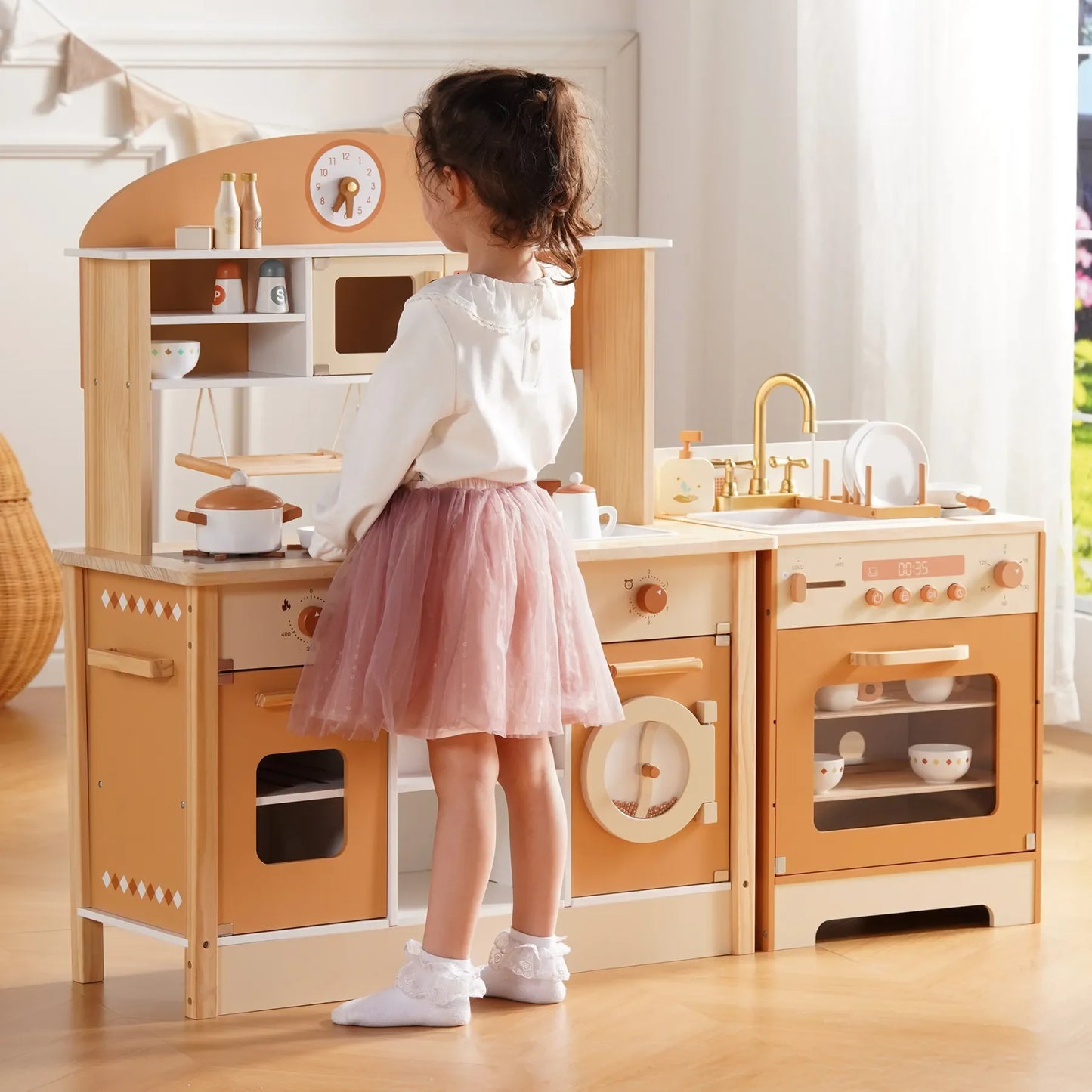 Robotime Wooden Play Kitchen Kids Kitchen Playset Washing Machine Dishwasher Toddler Kitchen Playset Gift for Boys Girls Caramel
