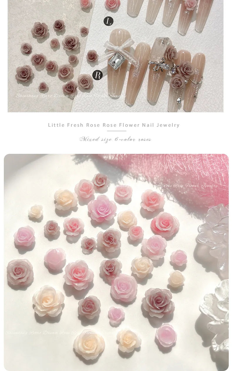 50PCS 3D Mix Sizes Beautiful Blossoming Rose Flowers Resin Adhesive Nail Art Rhinestones Decorations Manicure Kawaii Charms