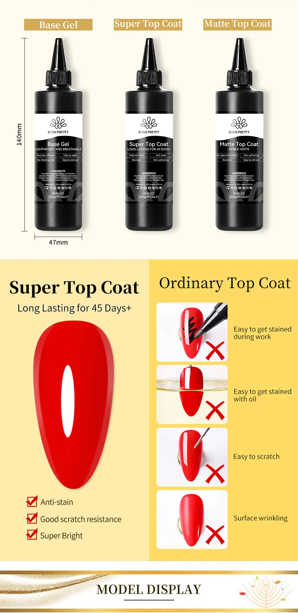 BORN PRETTY 250g Super Strong Nail Glue For False Nail Tips Press On Nails Refilled Package Base Gel Top Coat Matte Top Coat