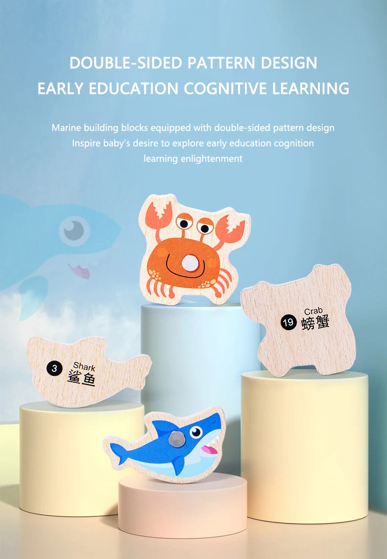 Montessori Wooden Magnetic Fishing Toys Marine Life Cognition Fish Games Early Educational Toy for Kids Parent-child Interactive