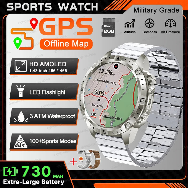 New TANK Military GPS Offline Map Smart Watch 730mAh 3 ATM Waterproof Sports Compass Heart Rate 2GB HD Bluetooth Call SmartWatch