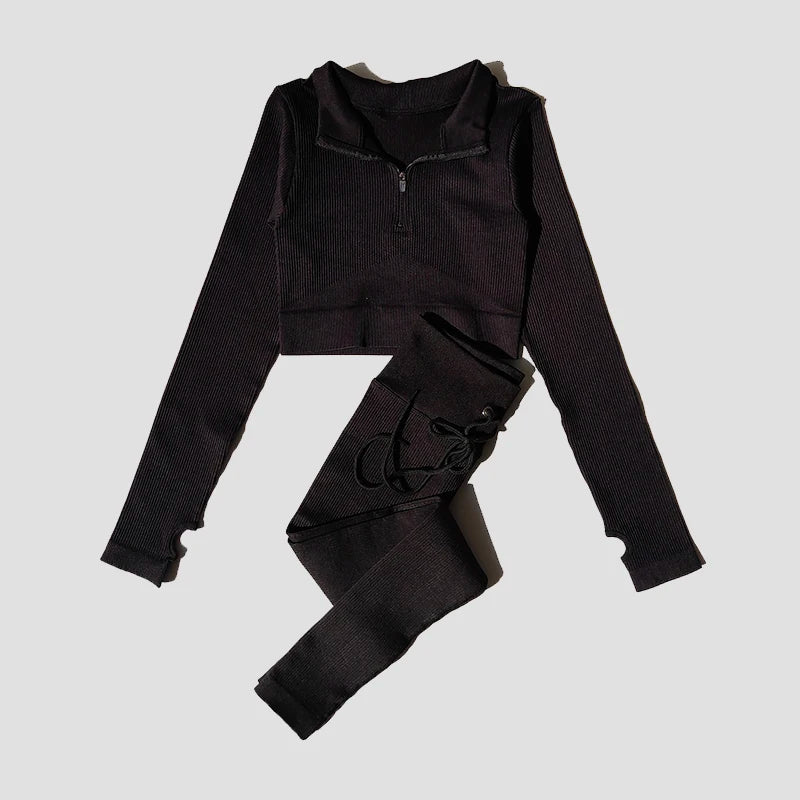 Seamless Women Yoga Set Workout Sportswear Gym Clothing Zipper Long Sleeve High Waist Leggings Fitness Bra Athletic Sports Suits