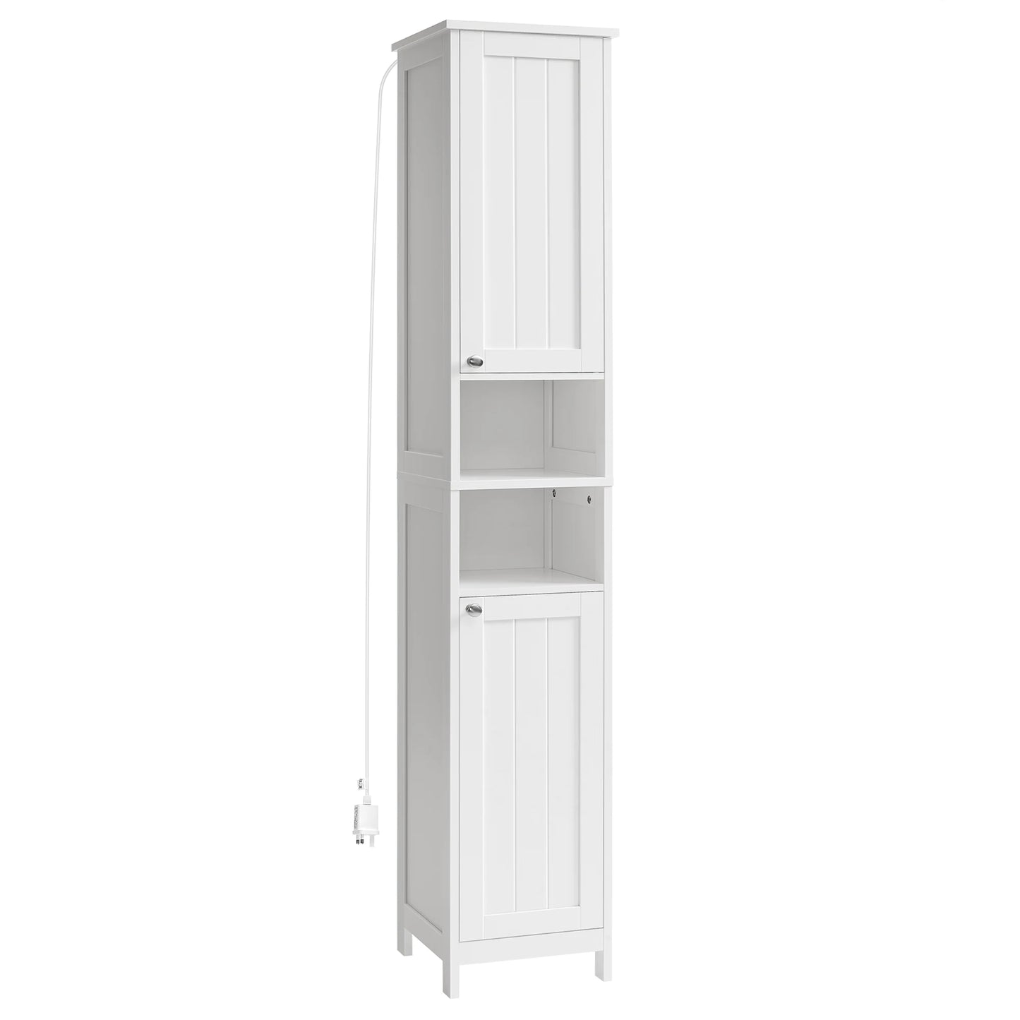VASAGLE Tall Bathroom Cabinet with Lights, Freestanding Narrow Storage Unit with Adjustable Shelves, Open Compartments