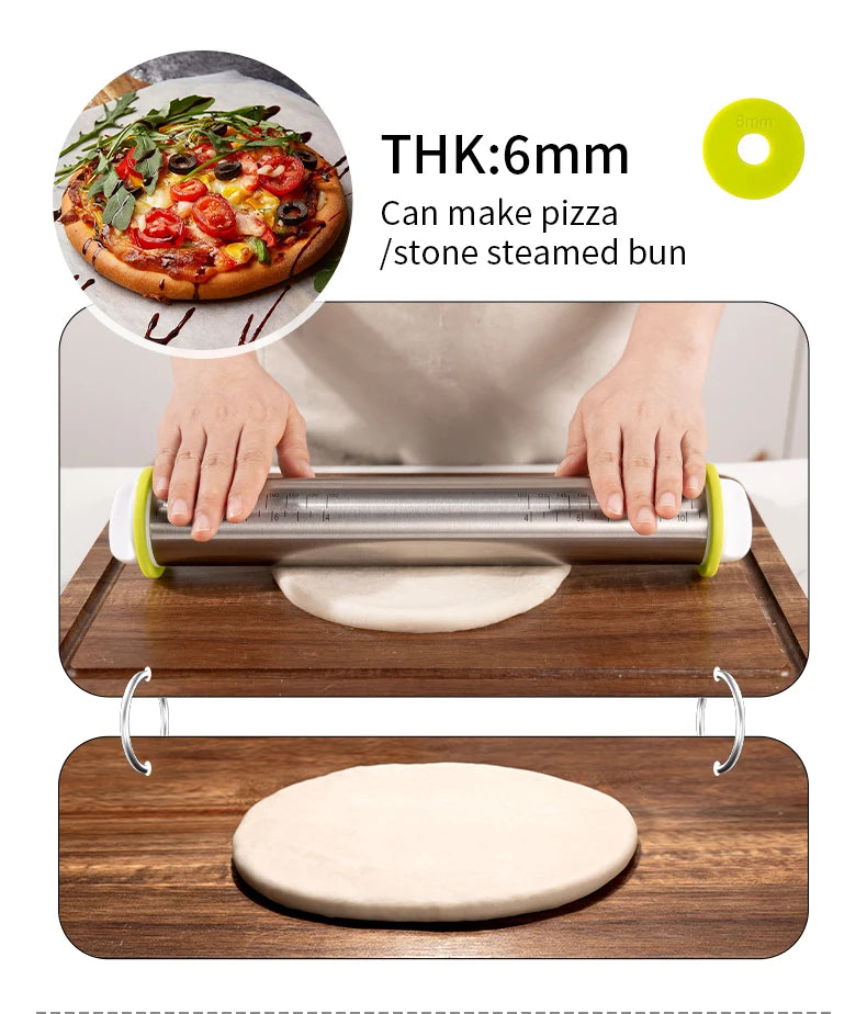 13.78 Inch Stainless Steel Adjustable Rolling Pin with 4 Thickness Removable Rings Dough Roller for Pizza Cookie Baking Tools