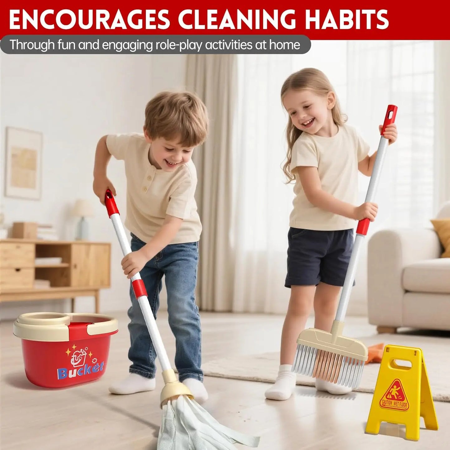 Kids Cleaning Toy Set Housekeeping Electric Vacuum Cleaner Tool Girls Pretend House Play Toys Broom and Mop Set for Kids Gift