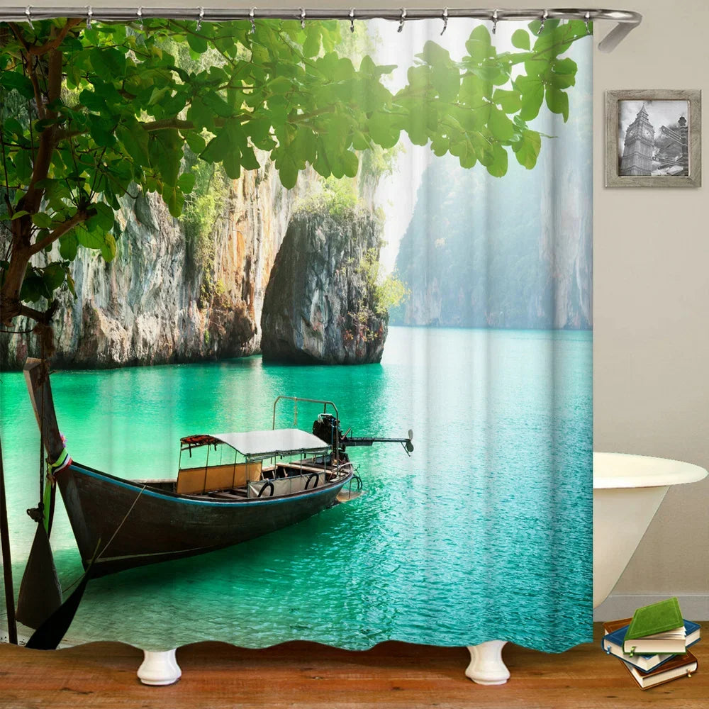 Bath Curtain Sea Beach Shell Starfish Shower Curtains 180*180cm Waterproof Bathroom Home Washable Fabric Bath Screen 12 Hooks