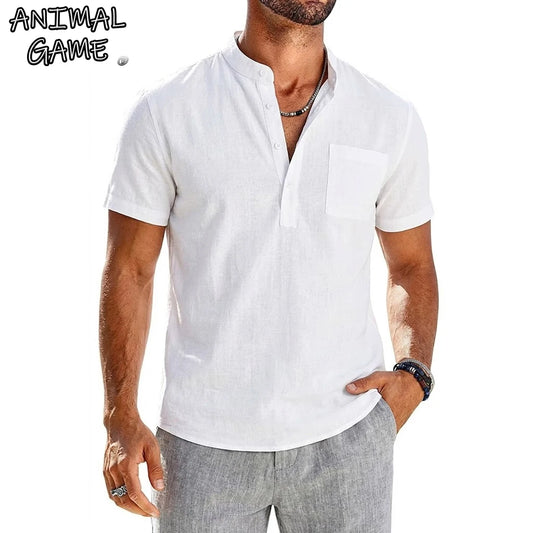 Summer Men's Short Sleeve Linen Shirts Lightweight T-shirts for Men Breathable Henley Shirt Casual Pocket Button Tee Beach Shirt