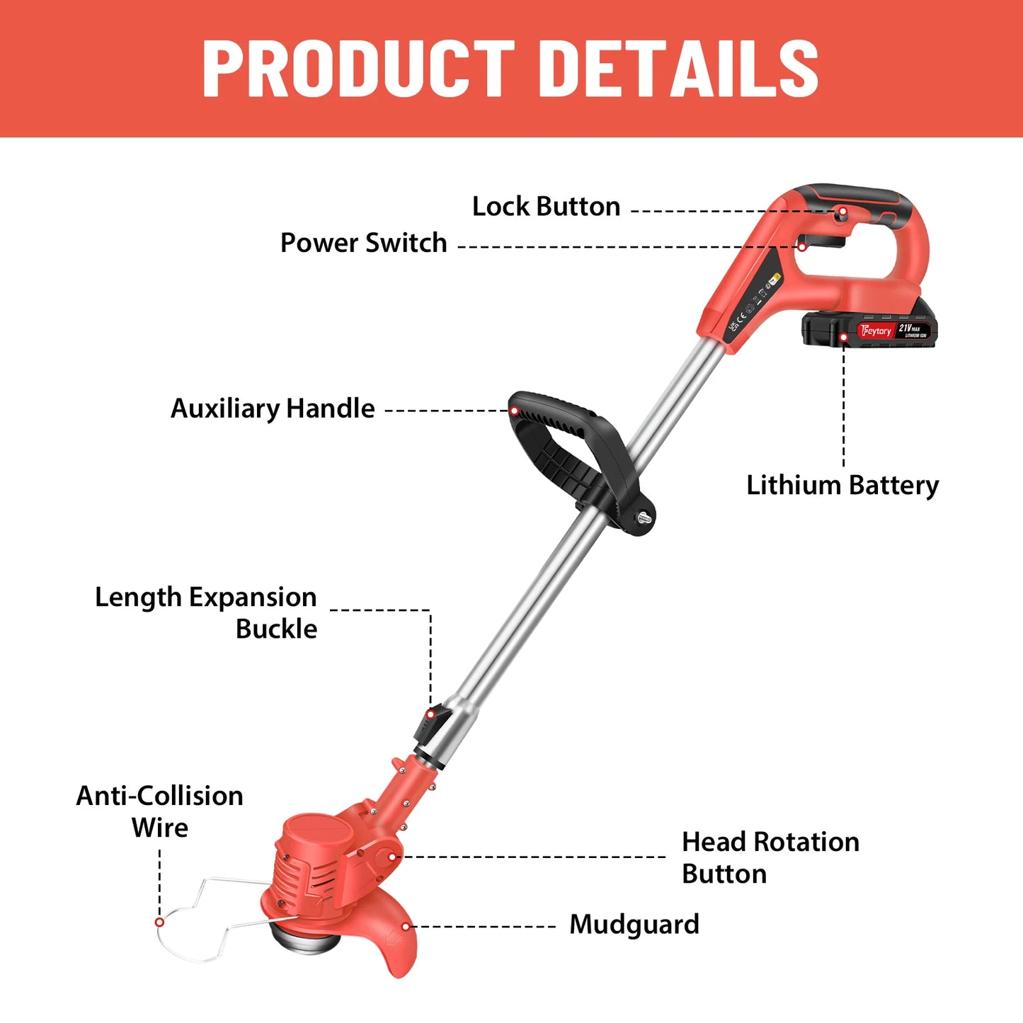 21V Cordless Weed Wacker 3 in 1 Rechargeable Weed Wacker Electric for Lawn Garden Yard,With Battery,Red