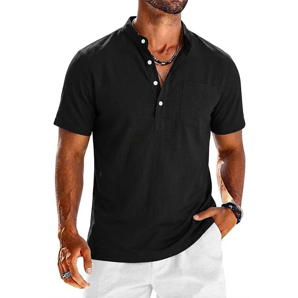 Summer Men's Short Sleeve Linen Shirts Lightweight T-shirts for Men Breathable Henley Shirt Casual Pocket Button Tee Beach Shirt