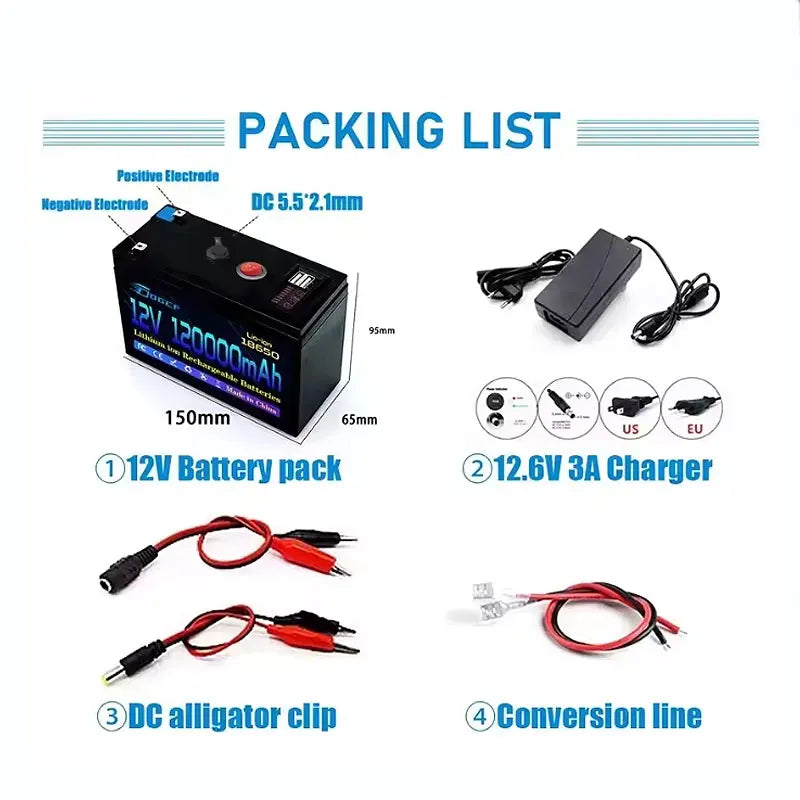 12V Battery 100Ah 18650 🔋2026 Rechargeable LiFePO4 Lithium Battery Built-in 5V 2.1A Usb Power Display Port Charger
