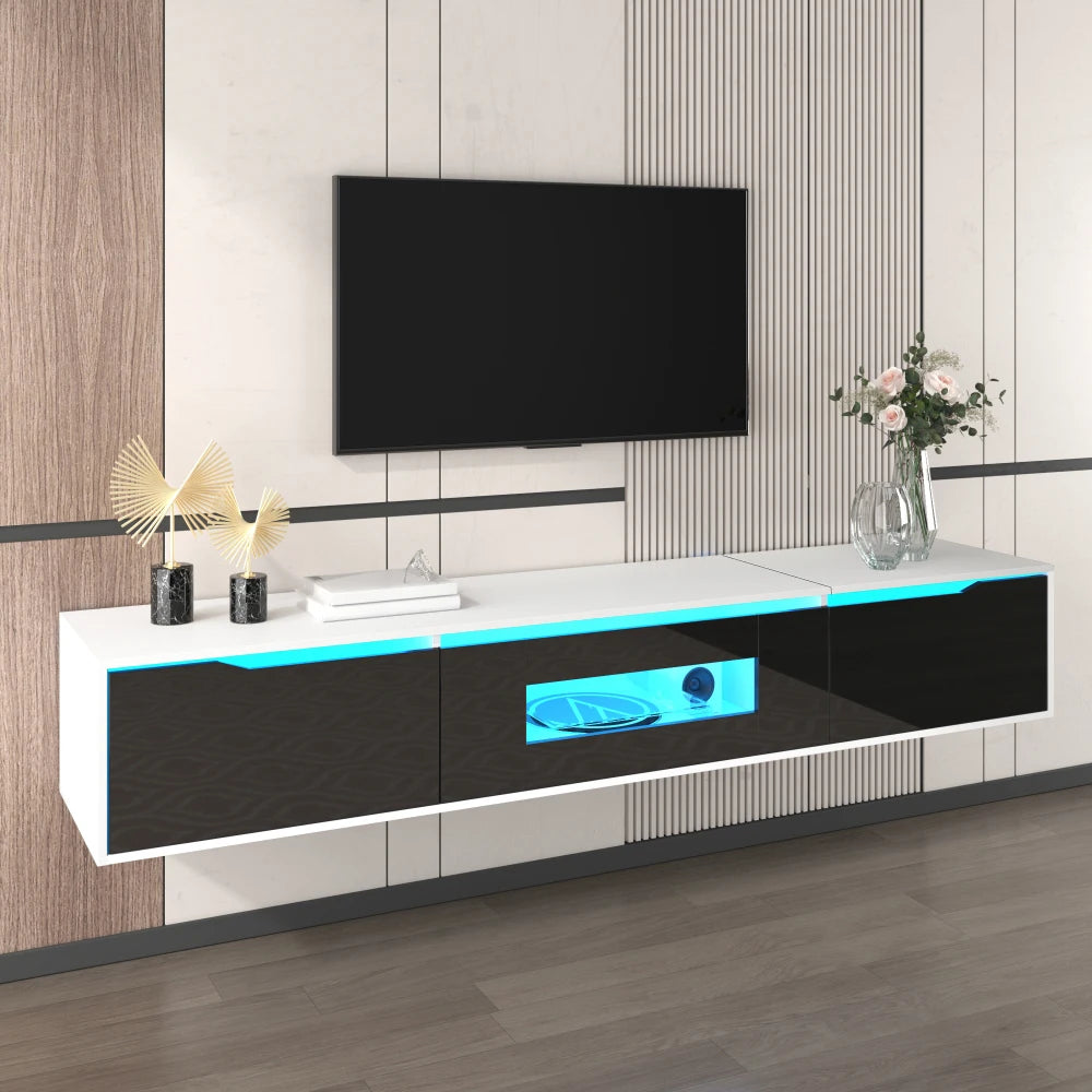 PINGGO TV cabinet, high-gloss TV cabinet, matching colours in white and high-gloss black, with colour-changing LED lights
