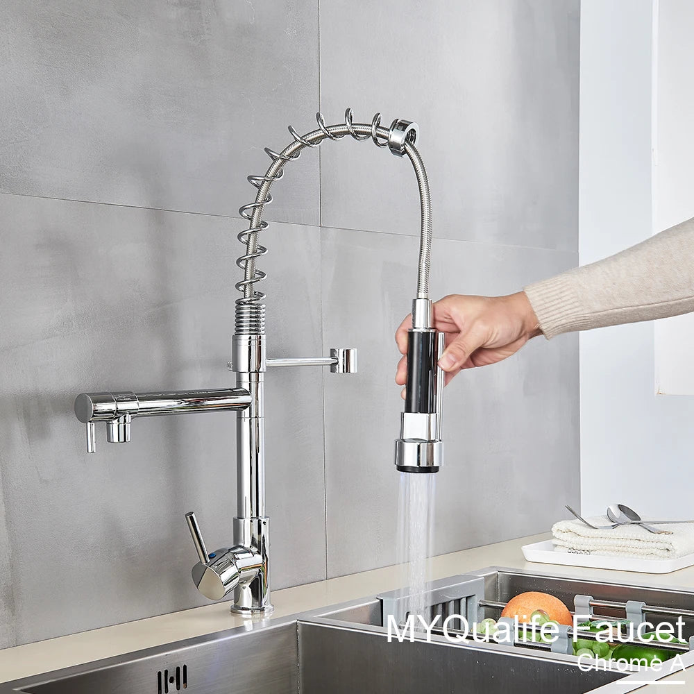 Black Pull Down Brass Kitchen Sink Faucet Hot Cold Water Mixer Crane Tap with Dual Spout 360 Rotation High Faucet Deck Mounted