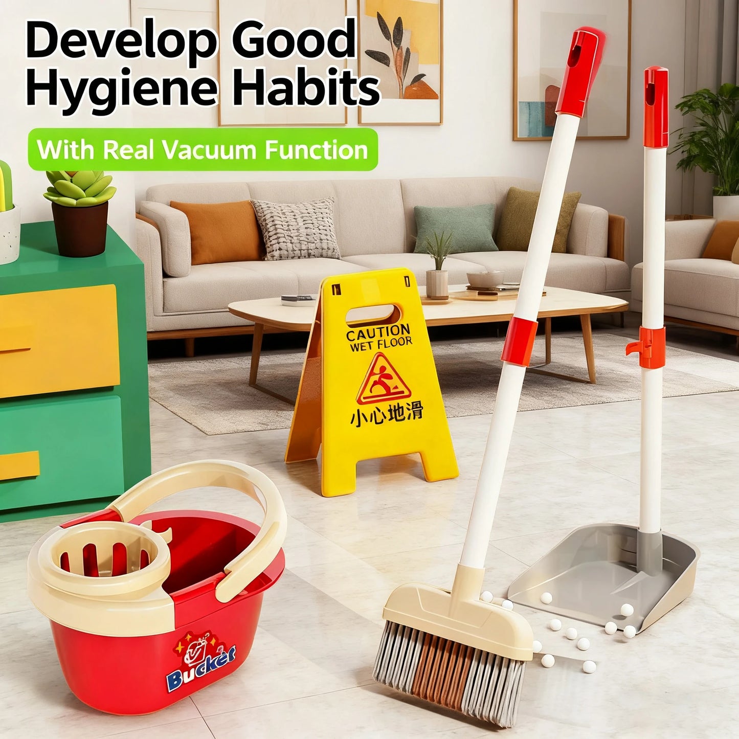 Kids Cleaning Toy Set Housekeeping Electric Vacuum Cleaner Tool Girls Pretend House Play Toys Broom and Mop Set for Kids Gift