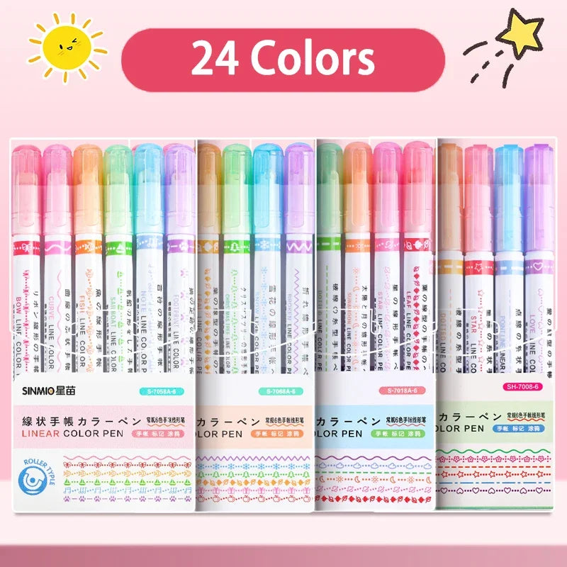 24/3 PCS Kawaii Flowers Line Shaped Highlighter Pens Roller Tip Curve Liner Marker for Writing Journaling Drawing Stationery
