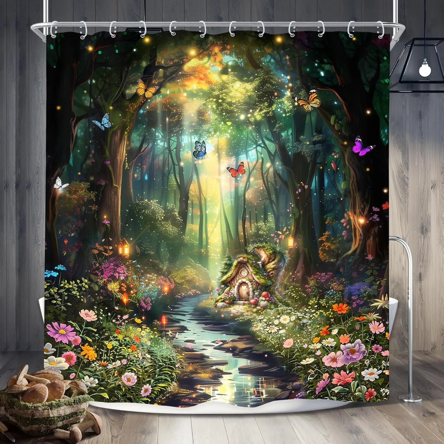 Fantasy Shower Curtain Fairy Beautiful Wonderland Woodland Tree Wildflower Floral Garden Butterfly Plant Tale Nature Bathroom