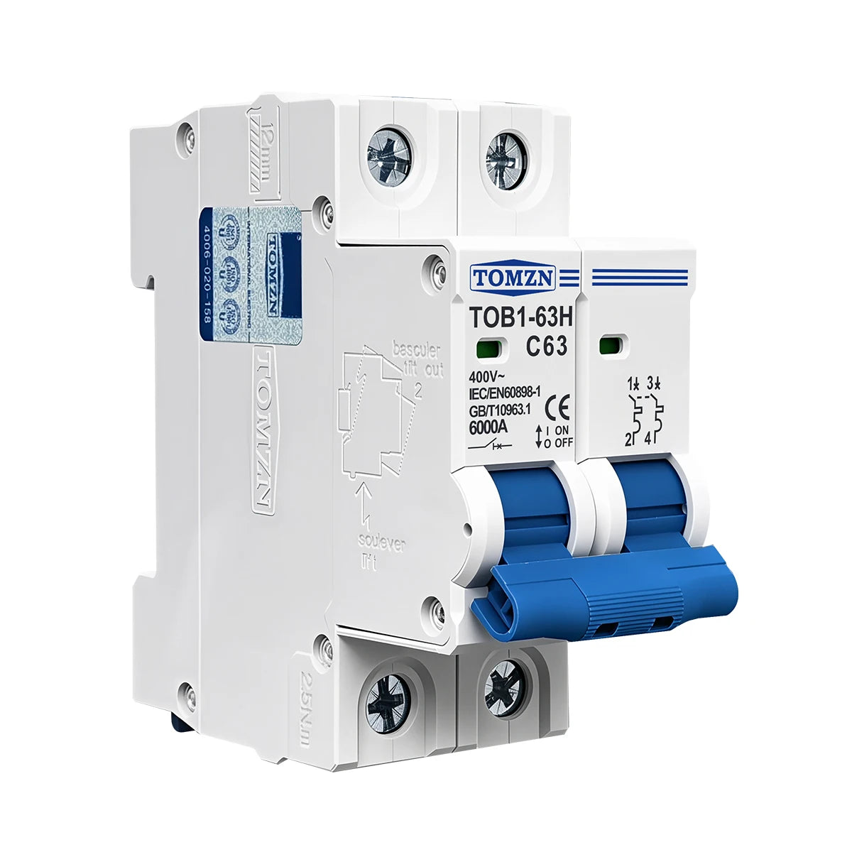 TOMZN 2P AC MCB TOB1-63 C Type 230/400V~ 50Hz/60Hz Mini Circuit Breaker 6A 10A 16A 20A 25A 32A 40A 50A 63A