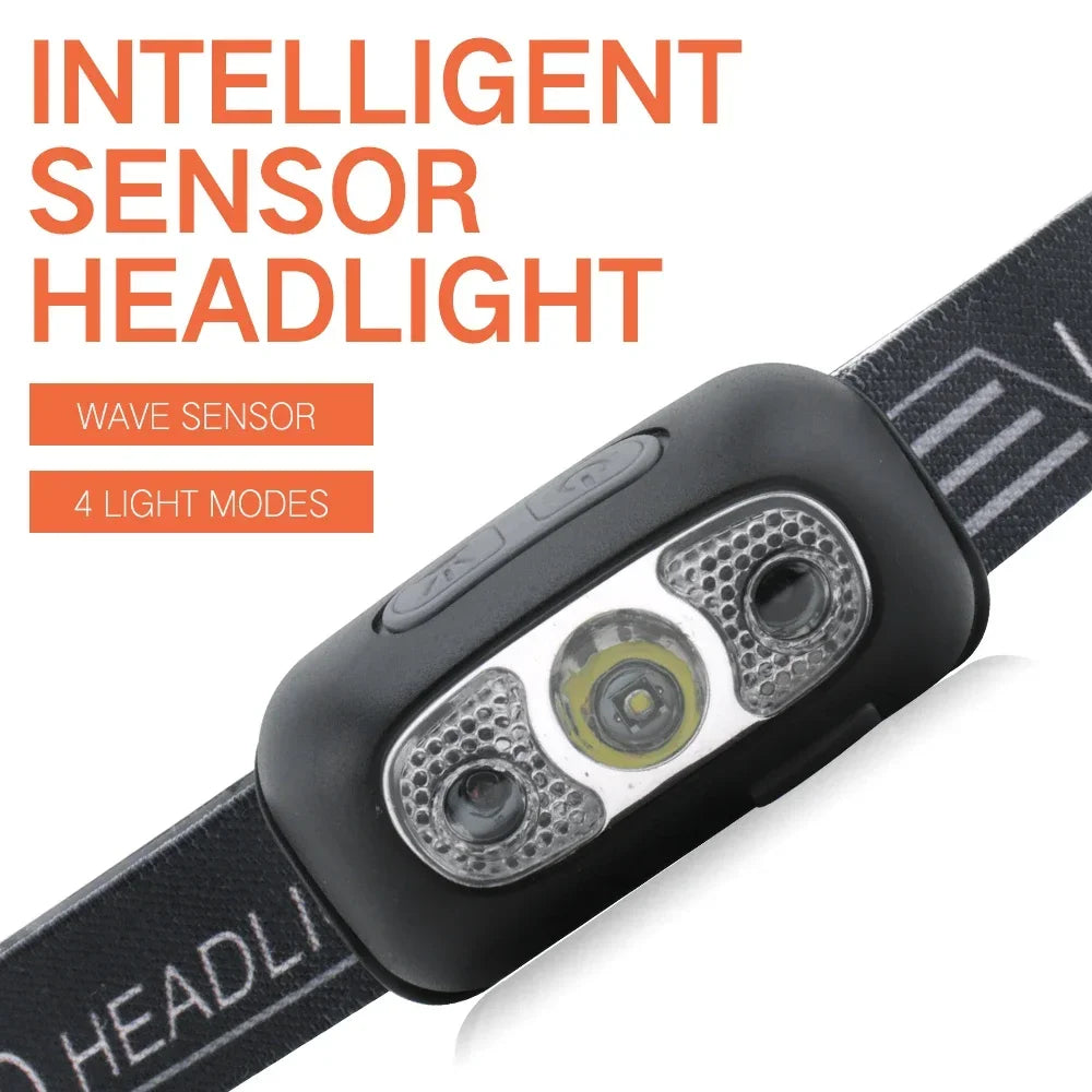 Mini LED Headlamp USB Rechargeable Headlight Wave Sensor Head Flashlight Outdoor Houshold Lamp for Camping Hiking Emergency Fish