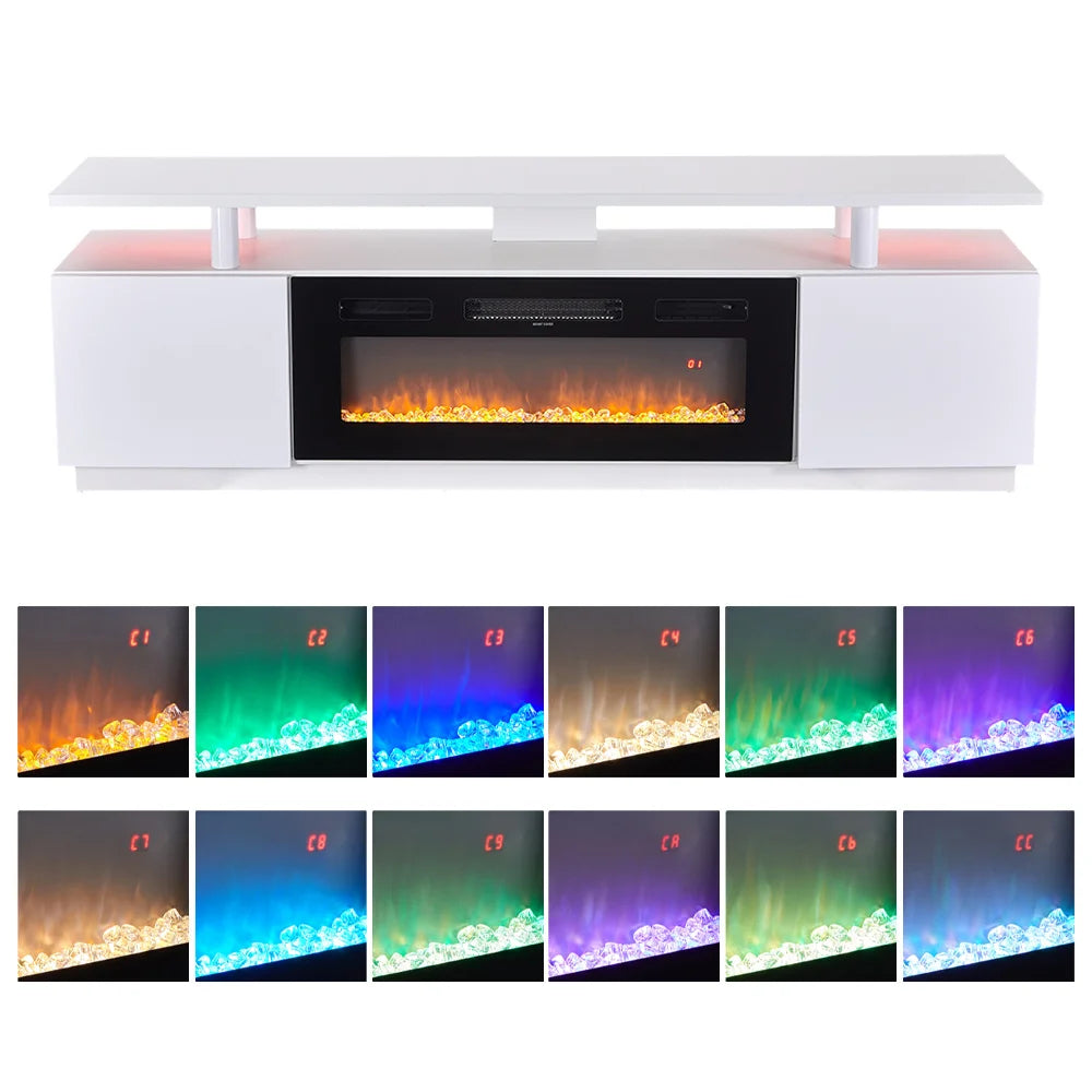 Electric Fire Insert TV Stand, 180cm Media Console Storage Table & 92cm Electric Fireplace with Remote Control, 12 LED Backlight