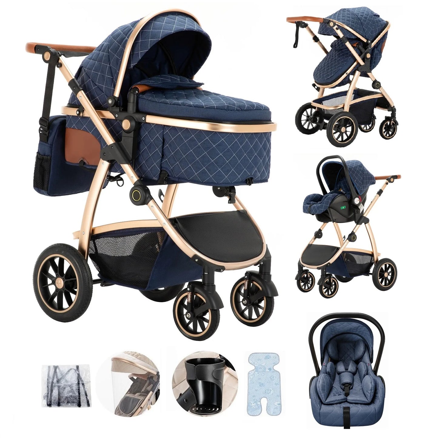 3 in 1 Prams Travel System, Pushchair with Height Adjustable Handle, Travel Pram with Mosquito Net, Baby Stroller with Aluminum