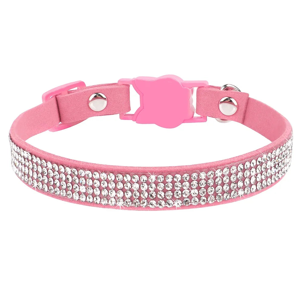 Soft Pink Suede Leather Cat Collar - Cute Bling Rhinestone Design, with Bell & Safety Breakaway Buckle, Adjustable XS/S Sizes