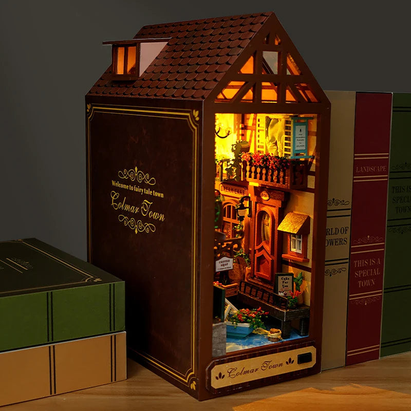 DIY Book Nook Kit Shelf Inser Dollhouse Model Building Kit Wooden Bookshelf Room Dollhouse Bookend Toy For Adults Birthday Gifts