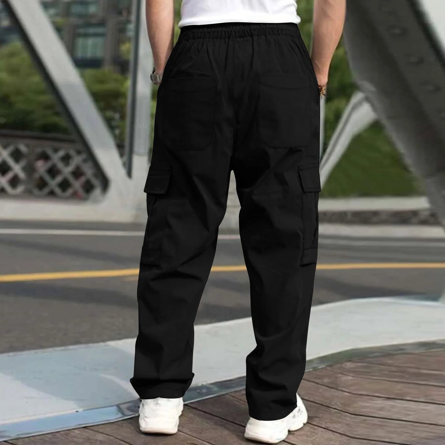 Men Loose Cargo Pants Summer Male High Elastic Waist Zip Pocket Straight Full Trousers BFDZ-A717