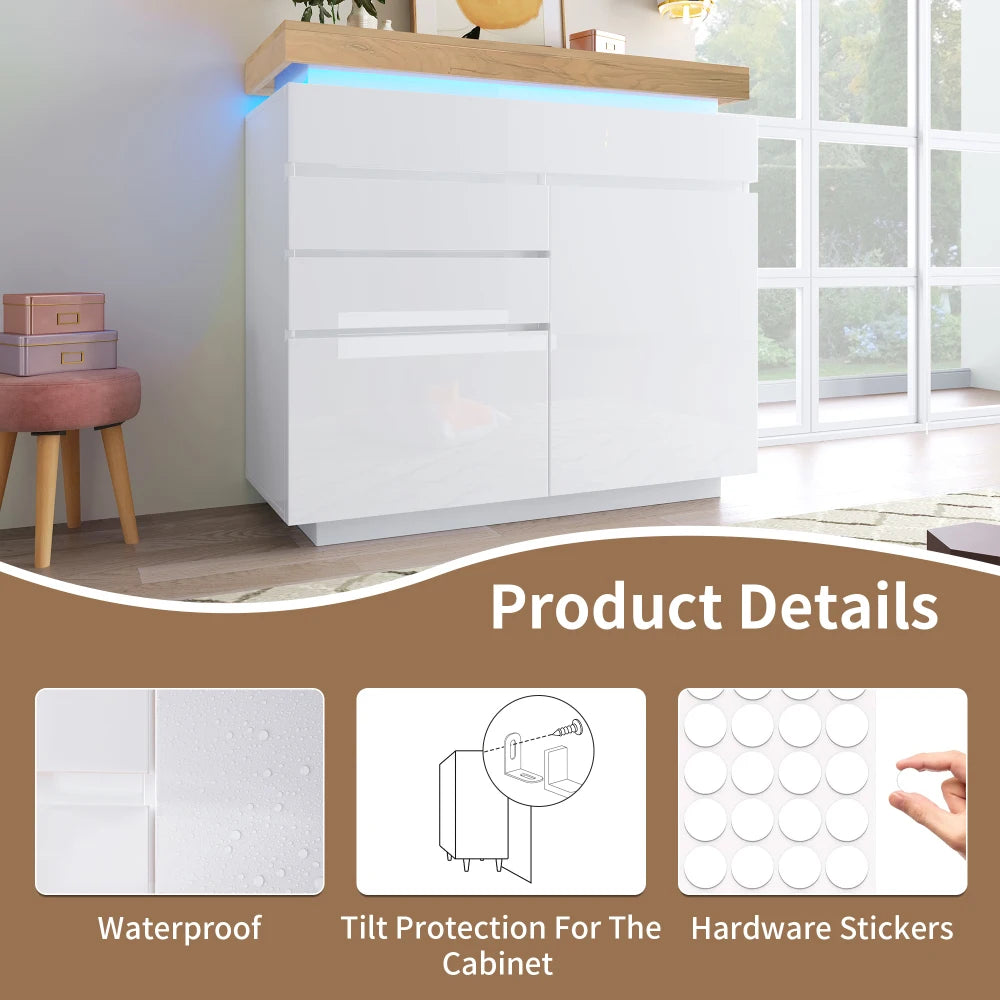 PINGGO Chest of Drawers,High-gloss Sideboard Cabinet with 2 Doors and 3 Drawers,Storage with RGB LED,115 x 110 x 39 cm, White