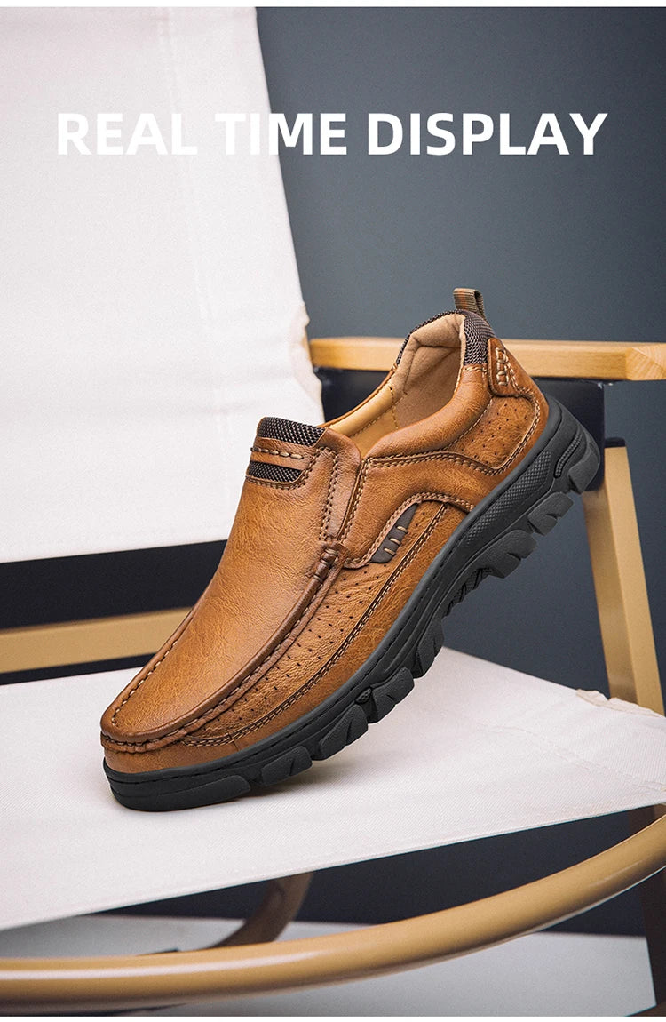 CLOHOOMen's Casual Loafers Handmade Breathable Leather Shoes with Thick Rubber Sole Comfortable Footwear Classic Hand Sewn Seams