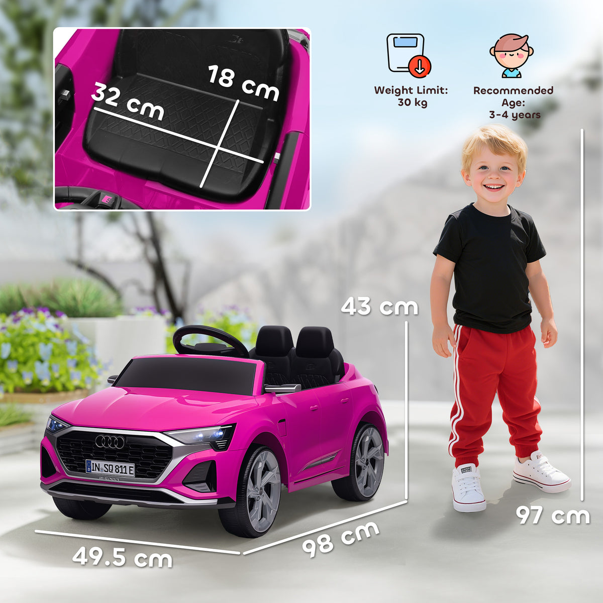 AIYAPLAY Audi Q8 etron Sportback Licensed Ride on Car with Remote Control, Four-Wheel Suspension, Soft Start for Ages 3-4, Pink