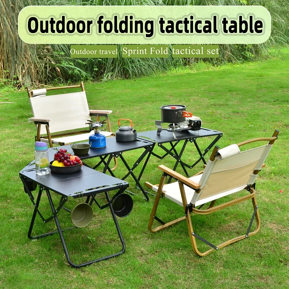 Green Portable Foldable Camping Table, Hollow Edge Hangable Design, Lightweight Durable Table for Picnic Beach Outdoor Travel
