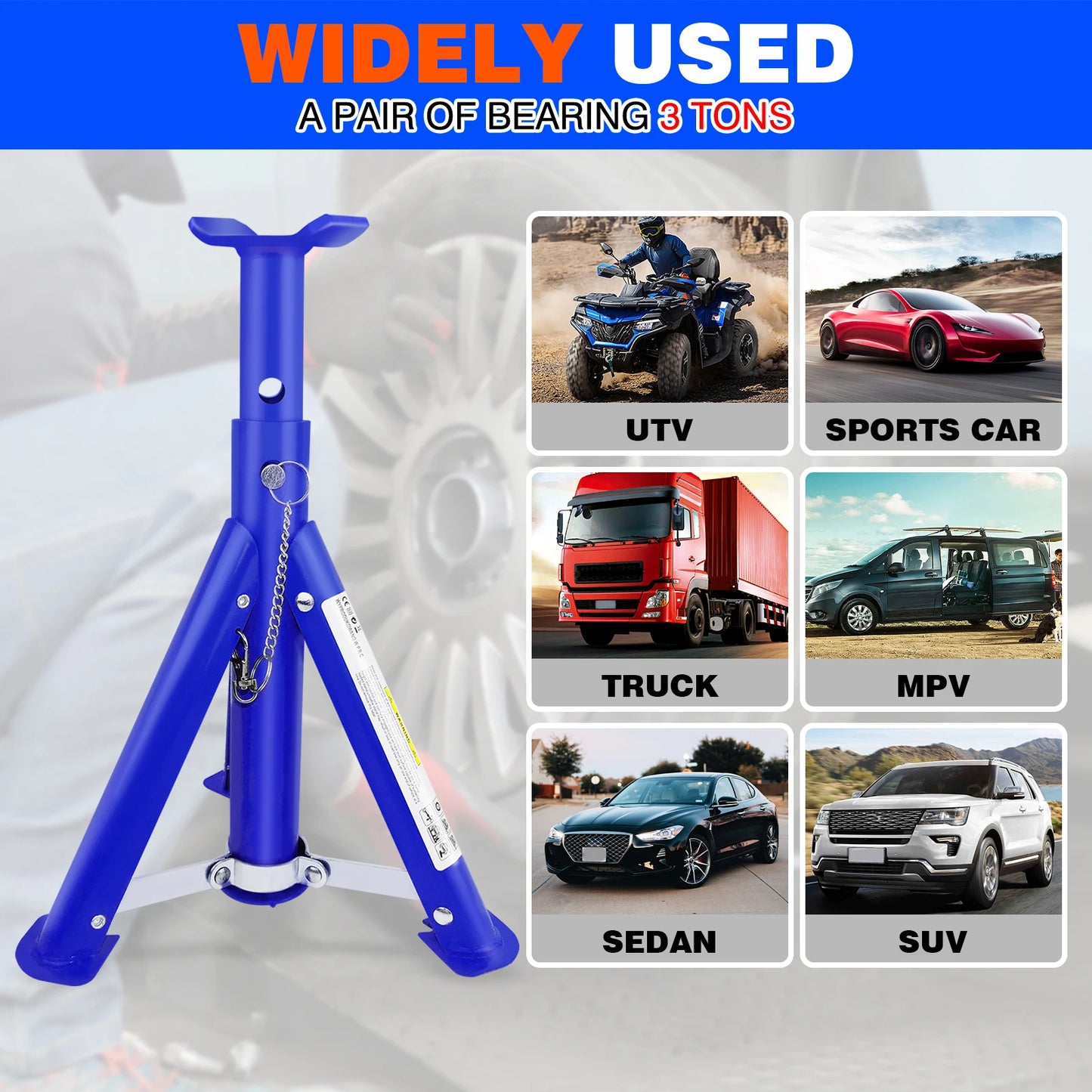 Pack-2 Heavy Duty Axle Jack Stands 3 Tonne Load Capacity, 4 Stages Height Adjustment 305mm to 415mm for Car Lifting Repair