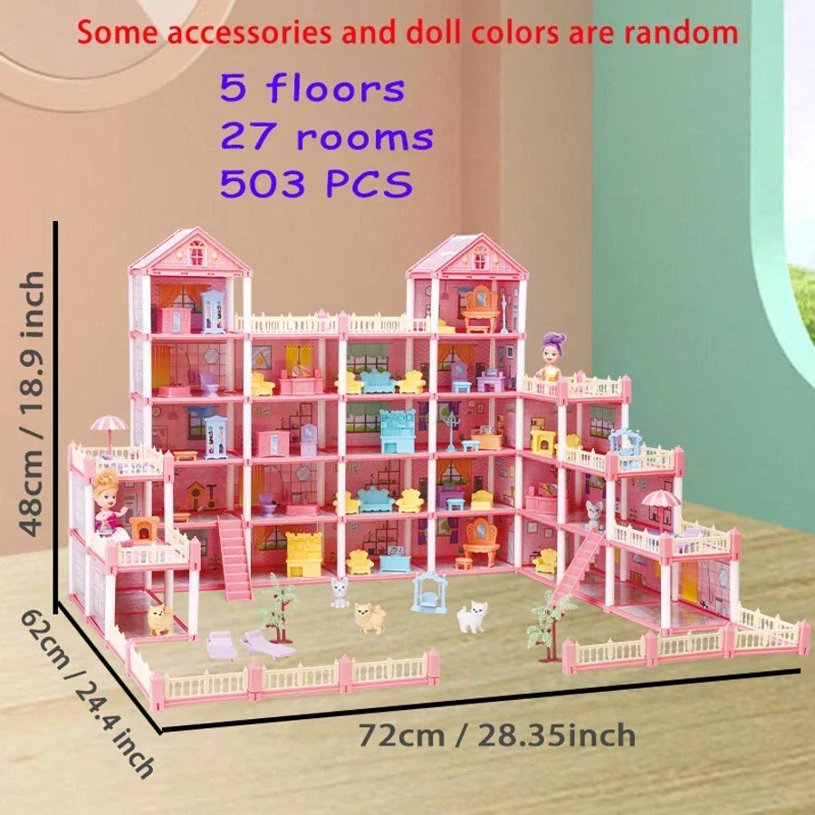 Girl Doll House Toy 3d Assembly Dollhouse Diy Mini Toy Accessories Villa Princess Pink Castle Children Pretend Birthday Gift