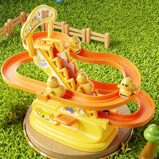 Manual Press Duck Track Slide Toy,Kids Hand Operated Stair Climbing Race Car Game, Educational Interactive Toy for Boys Girls