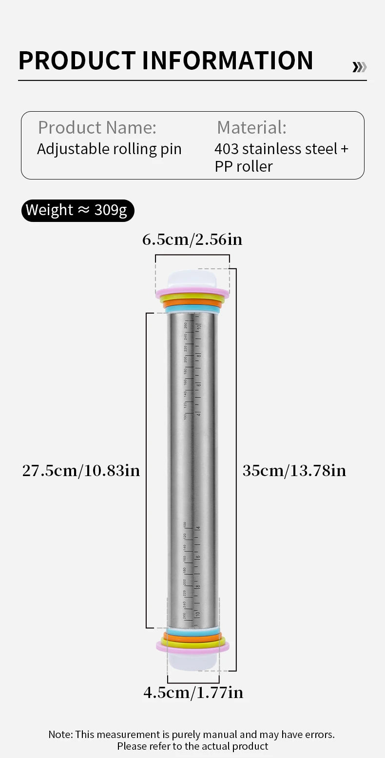13.78 Inch Stainless Steel Adjustable Rolling Pin with 4 Thickness Removable Rings Dough Roller for Pizza Cookie Baking Tools