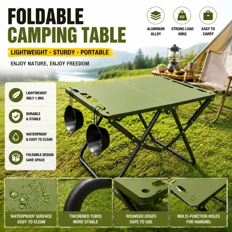 Green Portable Foldable Camping Table, Hollow Edge Hangable Design, Lightweight Durable Table for Picnic Beach Outdoor Travel