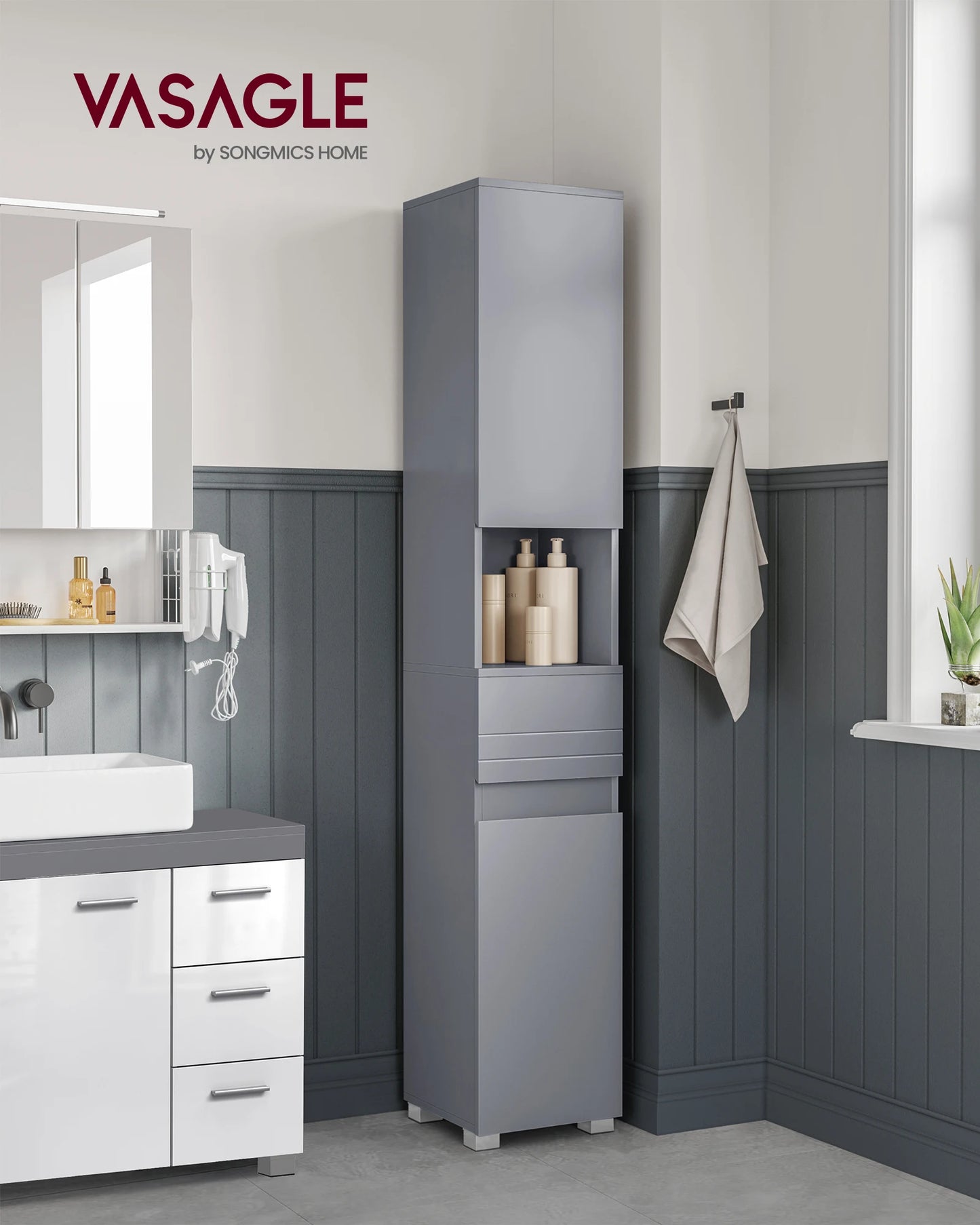 VASAGLE Tall Bathroom Cabinet, Slim Storage Cabinet, Narrow Cupboard, Grey