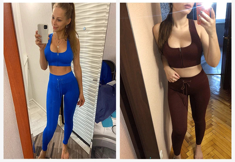 Seamless Women Yoga Set Workout Sportswear Gym Clothing Zipper Long Sleeve High Waist Leggings Fitness Bra Athletic Sports Suits