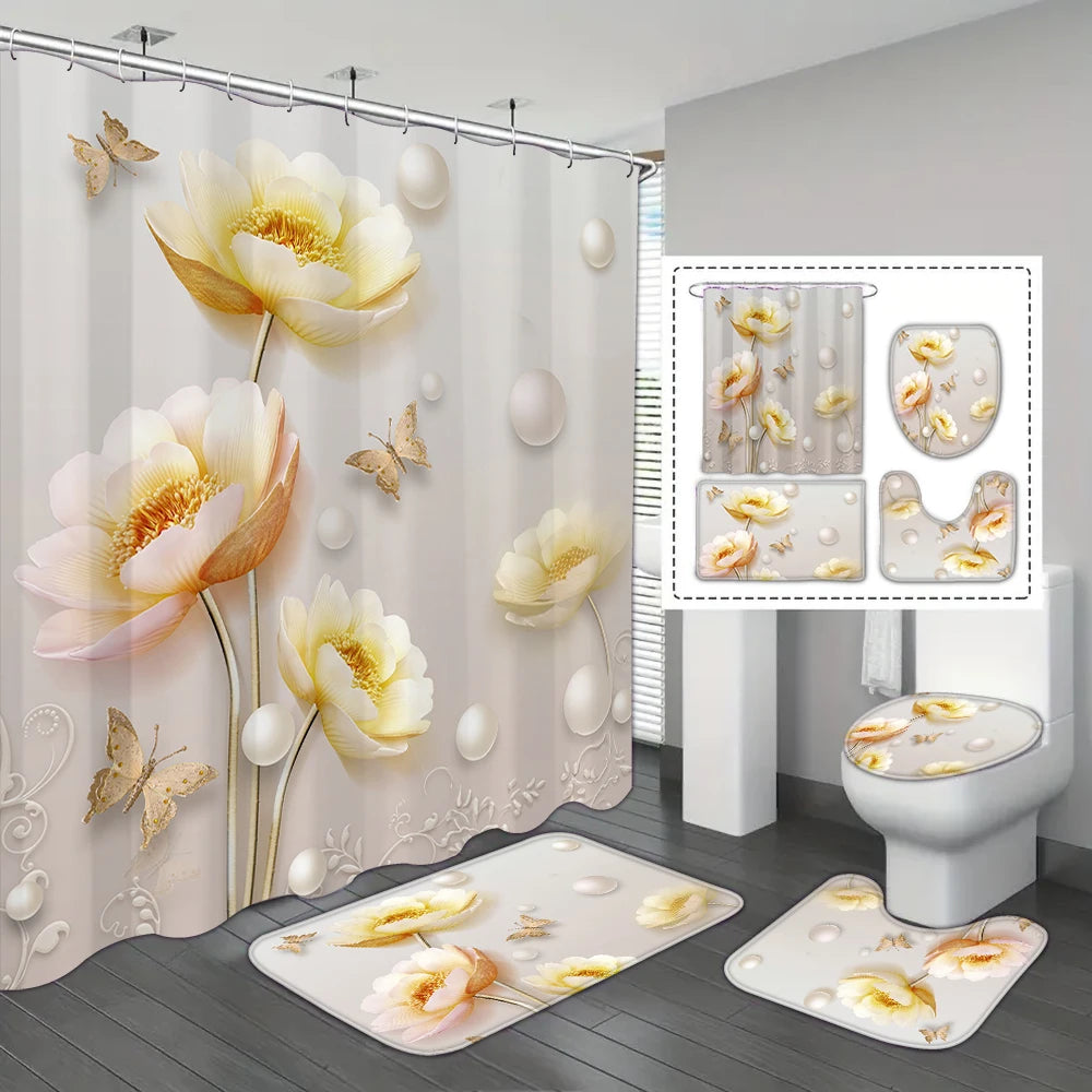 4-piece set of blue white jade orchid waterproof printed shower curtains with 12 hooks, bathroom floor mats