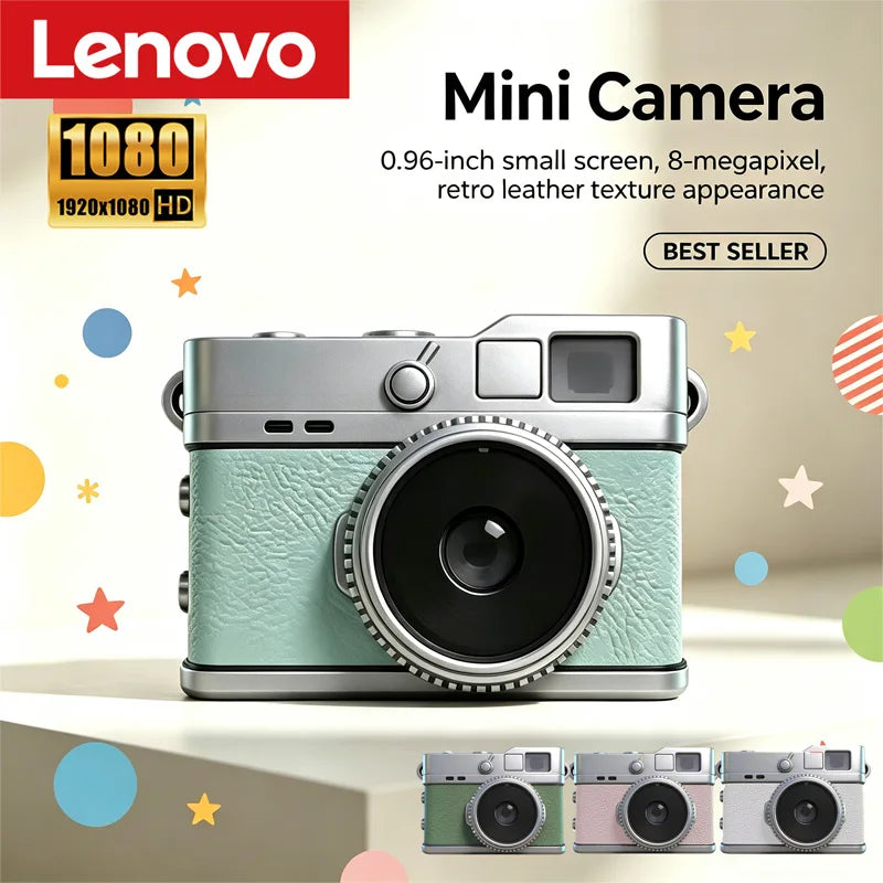 Lenovo 1080P HD 8MP Mini Retro Digital Camera Pocket Camera CCD for Students Featuring Filters and Leather-Textured Finish Gift
