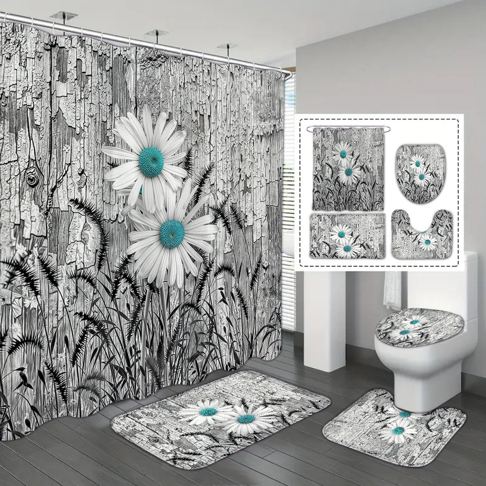 4-piece set of blue white jade orchid waterproof printed shower curtains with 12 hooks, bathroom floor mats