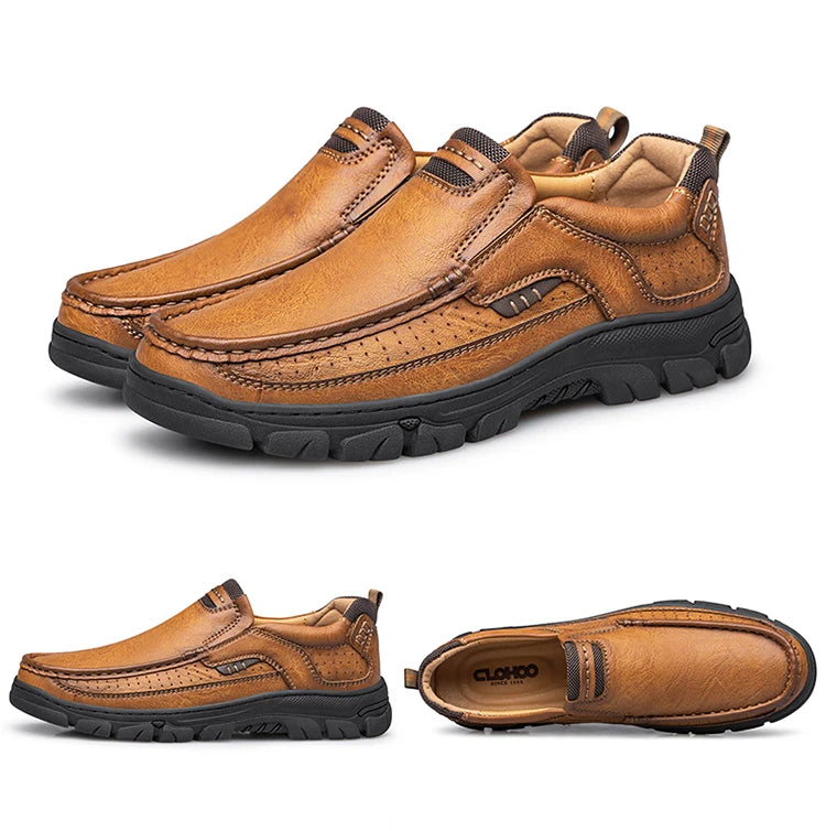 CLOHOOMen's Casual Loafers Handmade Breathable Leather Shoes with Thick Rubber Sole Comfortable Footwear Classic Hand Sewn Seams