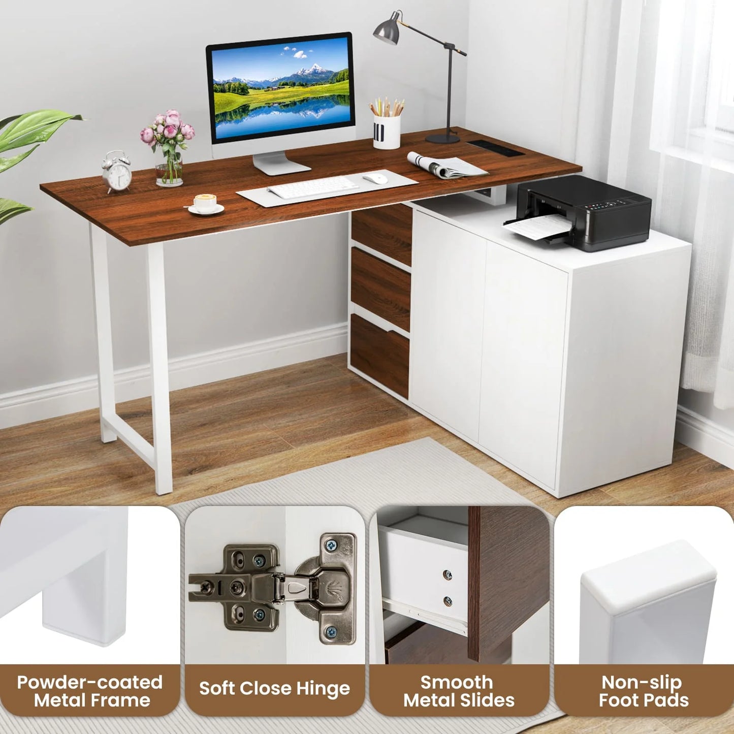 GOFLAME L-Shaped Desk 138 cm Reversible Corner Computer Desk-Brown