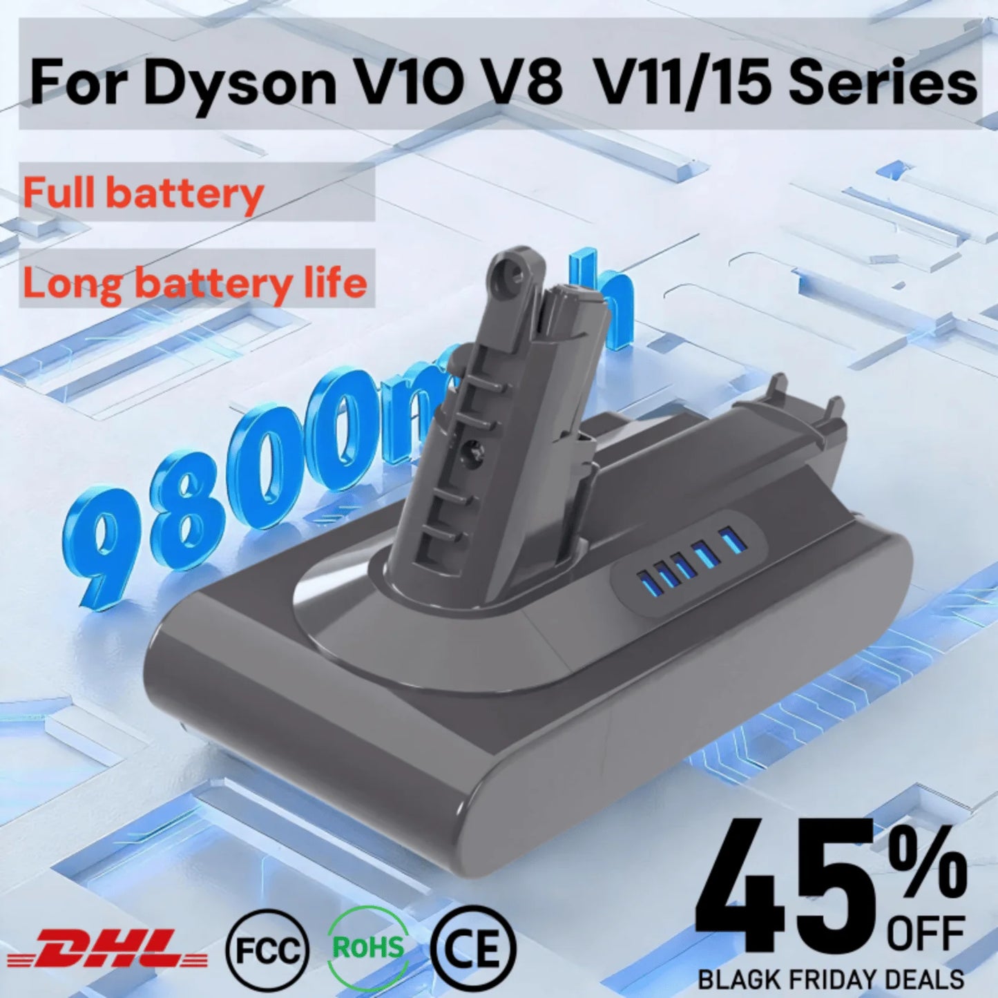 100%New Compatible with Dyson V10 V8  V11 V15 V7 Series SV07 SV09 SV10 DC62 Vacuum Cleaner rechargeable battery