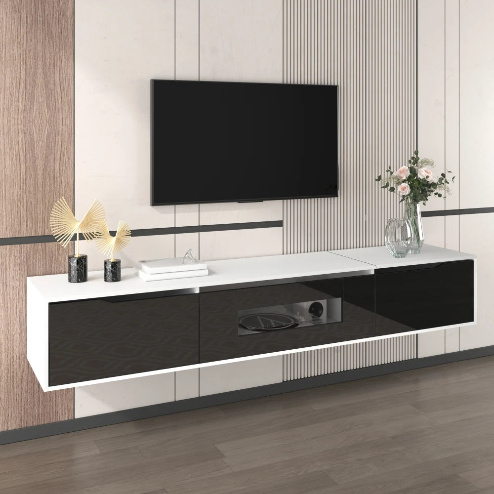 PINGGO TV cabinet, high-gloss TV cabinet, matching colours in white and high-gloss black, with colour-changing LED lights