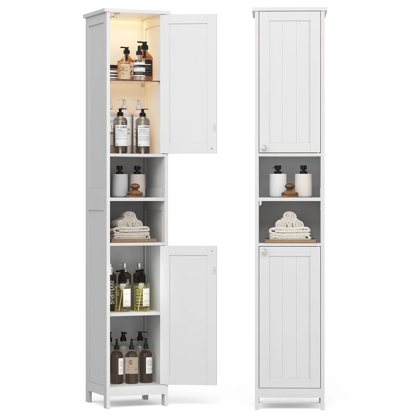 VASAGLE Tall Bathroom Cabinet with Lights, Freestanding Narrow Storage Unit with Adjustable Shelves, Open Compartments