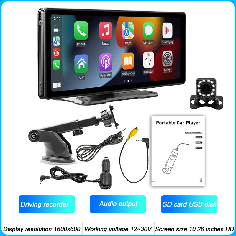 BQCC 10.26 Inch Portable MP5 Multimedia Video Player Android Auto Wireless Carplay Screen HD Rear Reversing Camera Car Radio