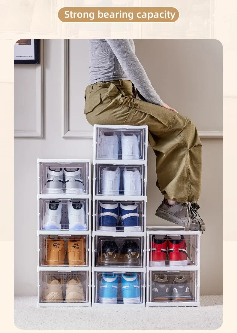 6 Layers Foldable Transparent Shoe Box Stackable Dustproof High Top Sneaker Storage Organizer for Home Closet
