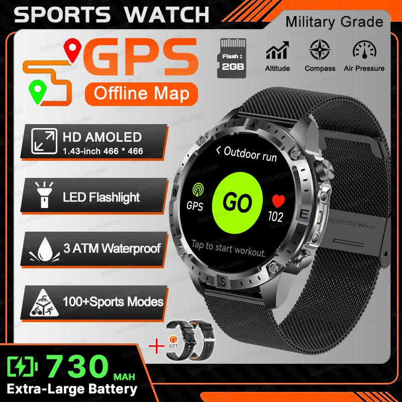 New TANK Military GPS Offline Map Smart Watch 730mAh 3 ATM Waterproof Sports Compass Heart Rate 2GB HD Bluetooth Call SmartWatch