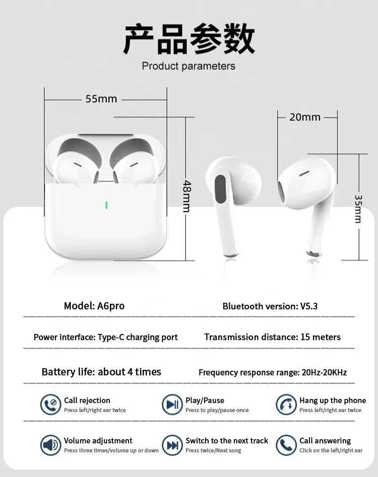 UEESFIT TWS Pro 6 Wireless Bluetooth Earphones Headphones Noise Reduction Air Earbud Low Latency HiFi Sound for IPhone Android
