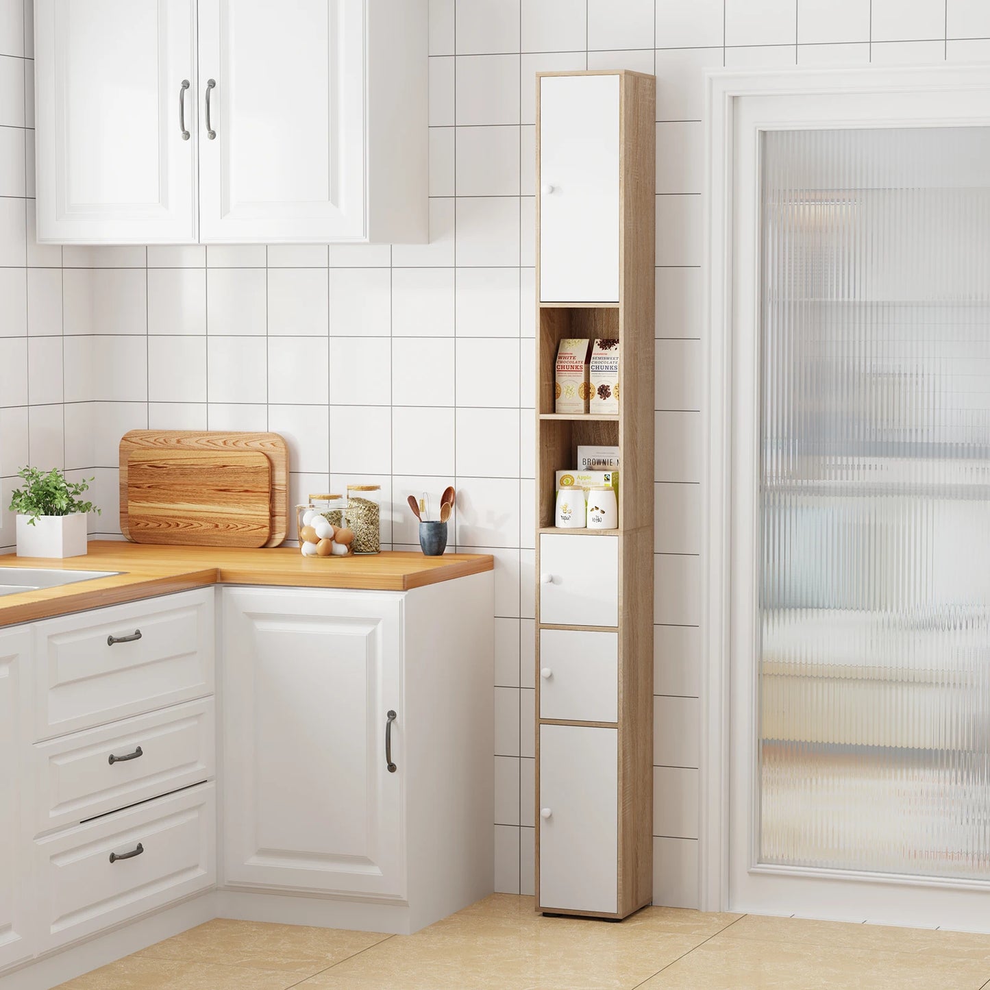 BonChoice Tall&Slim Bathroom Cabinet with 4 Doors&2 Open Shelves, Slim Bathroom Storage Cabinet Unit Narrow Cupboard